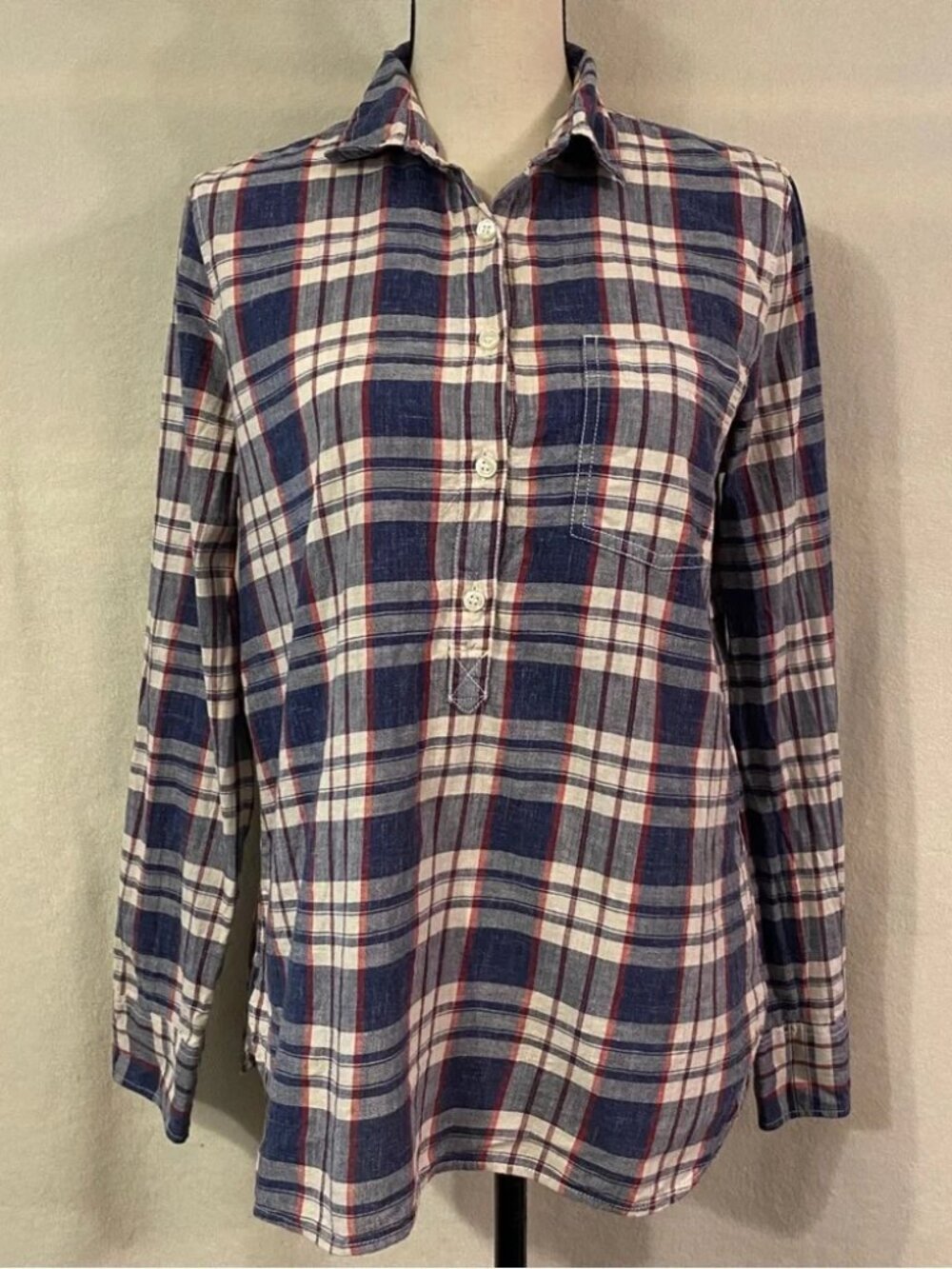 J. Crew red white blue plaid homespun cotton boy fit long sleeve popover shirt